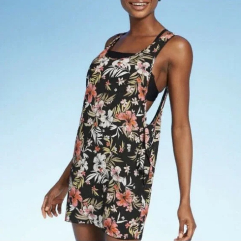 Swim Cover Up Dress size L Side Tie Black Floral Lightweight